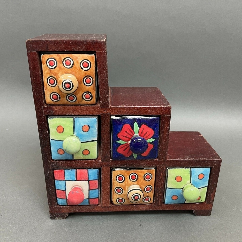 Heavy Wooden Ceramic 6 Drawer Cupboard Jewelry Box Spice Hippie Boho India